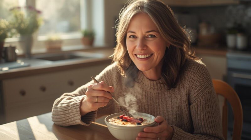 朝食にオートミールを食べる女性