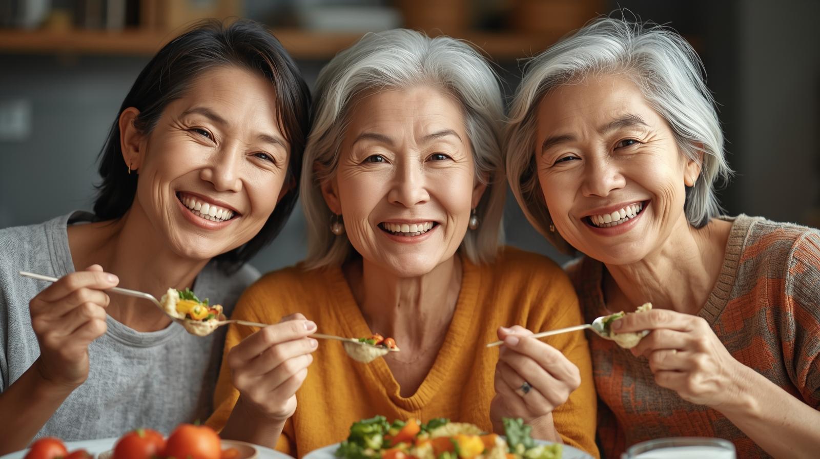 50代女性たちが3人で食事をしている